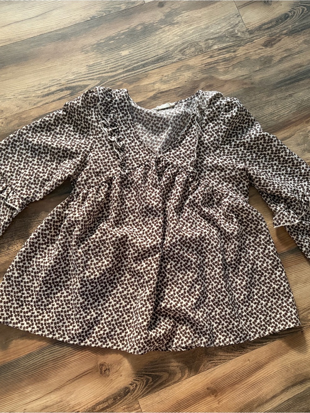 Brown Printed V-Neck Ruffle Peasant Blouse